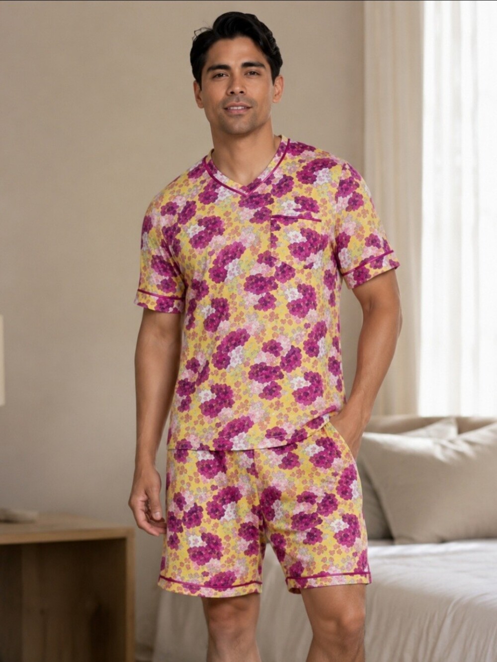 Cosabella Yellow and Pink Floral V-Neck Short Sleeve Shirt